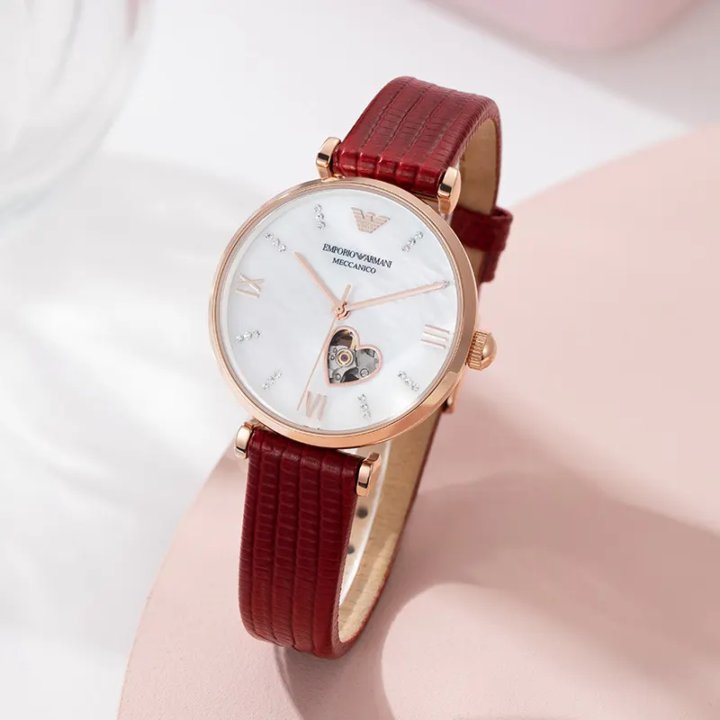 Emporio Armani Automatic MOP White Dial Red Ladies Watch- AR60048